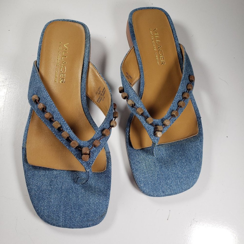 Villager by Liz Claiborne Rio Blue Denim Flip Flop Sandals w/Wooden Beads 5.5